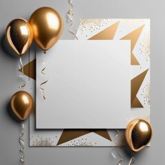 blank gold card with balloons and confetti on white background. mockup for your design. 3d rendering. blank gold card with balloons and confetti on white background. mockup for your design. 3d renderi