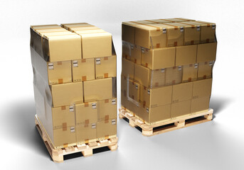 Poster - cardboard boxes on pallets. europallets with packages wrapped in film. boxes are ready for transport