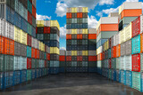 Fototapeta Sawanna - Stack of import containers. Cargo warehouse for ship transportation. Container logistics. Multi-colored cargo container made of metal. Industry container logistics. Business commercial dock. 3d image