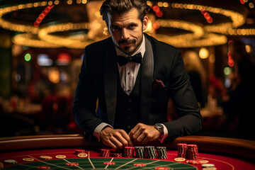 Luxurious restaurant casino las vegas vip night Generative AI poker slots cards roulette players gamers.