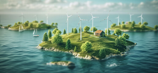 Small lush green island with wind turbines and cottage, scene surrounded by calm blue waters with sailboats in the distance. Renewable energy, harmony between nature and sustainable technology