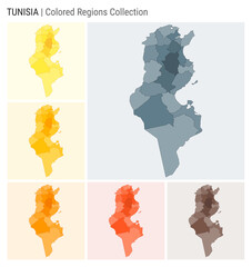 Fototapete - Tunisia map collection. Country shape with colored regions. Blue Grey, Yellow, Amber, Orange, Deep Orange, Brown color palettes. Border of Tunisia with provinces for your infographic.