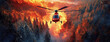 A helicopter surveys a raging forest fire from above. The urgency and scale of wildfire management is evident. Panorama with copy space.