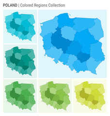 Fototapete - Poland map collection. Country shape with colored regions. Light Blue, Cyan, Teal, Green, Light Green, Lime color palettes. Border of Poland with provinces for your infographic. Vector illustration.