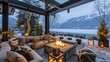 Modern outdoor Living Space in winter background. Winter evening on the patio or terasse with fire place