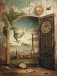 Fantasy floating world map in vintage style - An imaginative vintage concept art of a floating world map with iconic landmarks, evoking a sense of adventure and discovery