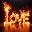 Three-dimensional words love with fire burning upwards.