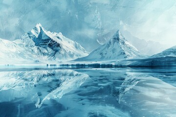 Poster - Icy mountain landscape digital artwork - An icy, serene mountain landscape reflected on a lake in digital artwork showing tranquility and coldness