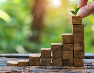 A hand carefully arranges a leaf on top of a wooden block. The scene reflects a concept of business development and growth success.