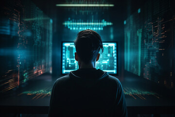 Hard working person in modern interior office programming writing web java script code AI technology generation