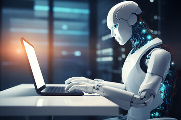 Poster - hard working person in modern interior office programming writing web java script code ai technology