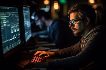 Hard working person in modern interior office programming writing web java script code AI technology generation