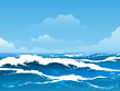 Sea Surface Cartoon Seascape with Waves Sky and White Clouds Illustration