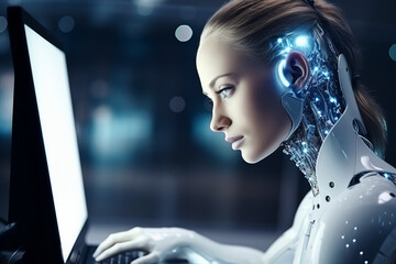 Poster - hard working person in modern interior office programming writing web java script code ai technology