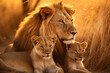 Lion with lion cub resting together at savanna grassland in the evening, lovely lion family, protecting wildlife concept