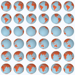 Fototapete - Collection of globes in a normal sphere view, rotated in 10-degree steps. Solid color style with a world map featuring dense graticule lines on a luminous background. Posh vector illustration.