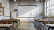 A modern classroom interior with a clean white projector screen, exposed brick walls, and large windows providing abundant natural light.