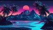 © Suwanlee - Palm Tree and Sunset, 80's Retrowave Background beautiful Rendering
