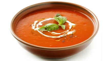 Bowl of rich and creamy tomato soup garnished with fresh basil leaves and a swirl of cream, perfect for a gourmet appetizer.