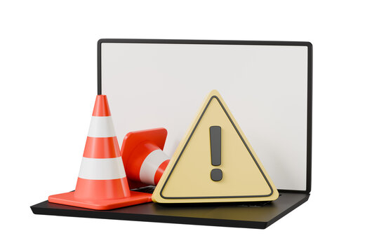 3d Traffic cones with attention on a laptop icon on isolated white background. Accident prevention concept. Minimal creative design icon. for website maintenance element. 3d rendering illustration.