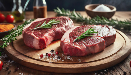 Two raw rib eye steaks on wooden board. Food prepared for grill. Tasty and organic.