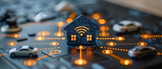 Fototapete - This iot icon contains a wireless connection symbol and a network of tech devices. It represents the Internet of Things and is a symbol of the connection between all the things on the internet. The