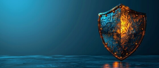 Poster - Abstract 3d shield on blue background. Data protection, business security, system protection concept. Antivirus screen, insurance guarantee, network firewall symbol.