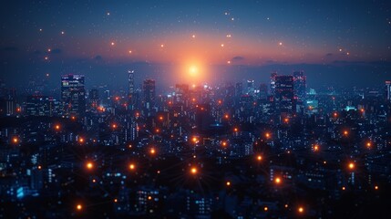 Leinwandbilder - In a night sky of a city, holograms of white networks are projected against a dark blue background. It is a concept of the future and of new technologies.