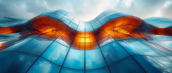 Fototapete - An aerial view of a futuristic architecture building with curve glass windows in a 3D rendering.