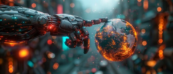 Leinwandbilder - In this AI style concept, a robot arm points at the Earth in cyber space. The robot arm interacts with the 3D Earth on a head-up display. Artificial intelligence connects IoTs.