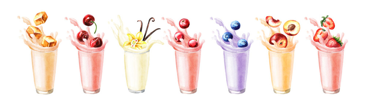 Glass with splash. Fruit milk, yogurt, milkshake set. Hand drawn watercolor illustration isolated on white background