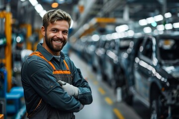 Sticker - group 45 years old smiling man mechanical engineer working in automobile working line, multinational automobile manufacturing company. background of whole automobile factory line and people working on