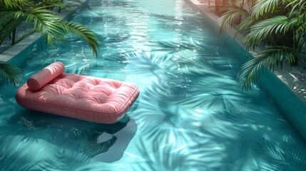 Poster - Swimming pool with pink inflatable mattress and palm trees. Pool party, summer background.