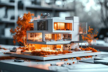 Poster - elegantly displays an architectural model of a contemporary house, highlighting the intricate interior details and modern design elements set in a professional workspace