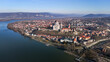 Aerial photos of the Basilica of Esztergom in Hungary on a sunny winter day. Esztegomi Bazilika, Duna, Danube, Bridge, Hungary.