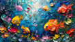 An abstract oil painting featuring a school of colorful tropical fish swimming in a vivid, textured underwater scene..
