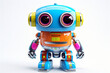 Delightful cartoonish robot toy, with blinking eyes and colorful buttons, against a spotless white background, inviting play and imagination.