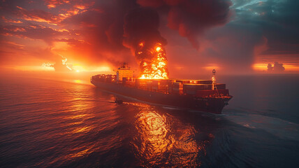 fire is burning large cargo ship while traveling to deliver goods at sea during sunset,generative ai