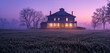 A pastel violet Cleveland Colonial Revival house during the quiet of dawn, its silhouette enhanced by the emerging light, surrounded by dewy grass