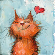 a red-haired disheveled cat with closed eyes and
a heart