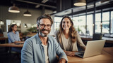 Fototapeta  - Portrait of successful business people with laptop discuss business issues in the office during meeting