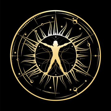 Vitruvian Man in Sacred Geometry Circle Inspired by Art of Leonardo da Vinci
