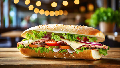 Wall Mural - Fresh submarine sandwich. Long sandwich with ham, lettuce and tomatoes. Fast food on wooden board.