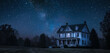 A clear, star-filled night sky provides a dramatic backdrop to an early 20th-century white clapboard colonial mansion, with ambient light hinting at its elegant details