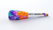 Cheerful cartoonish paintbrush with colorful bristles, eager to bring your imagination to life on a blank canvas against a pristine white surface.