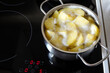 potatoes boiling in small metal pan on the induction stove in the kitchen