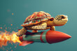 Illustrate a delightful 3D caricature cartoon featuring a joyful turtle riding a rocket, crafted in the green background.
