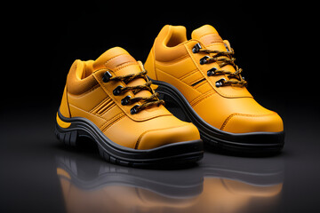 Explore the realm of workplace safety with a striking pair of yellow safety leather shoes, contrasted against a dark background Generative AI,