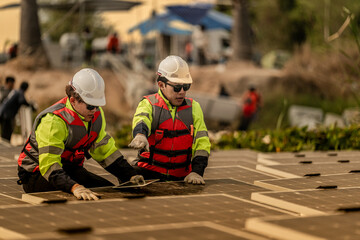 Photovoltaic engineers work on floating photovoltaics. workers Inspect and repair the solar panel equipment floating on water. Engineer working setup Floating solar panels Platform system on the lake.