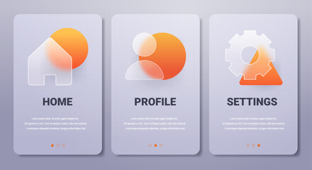 Mobile app pages in glassmorphism style. Vertical profile services and settings banners set.